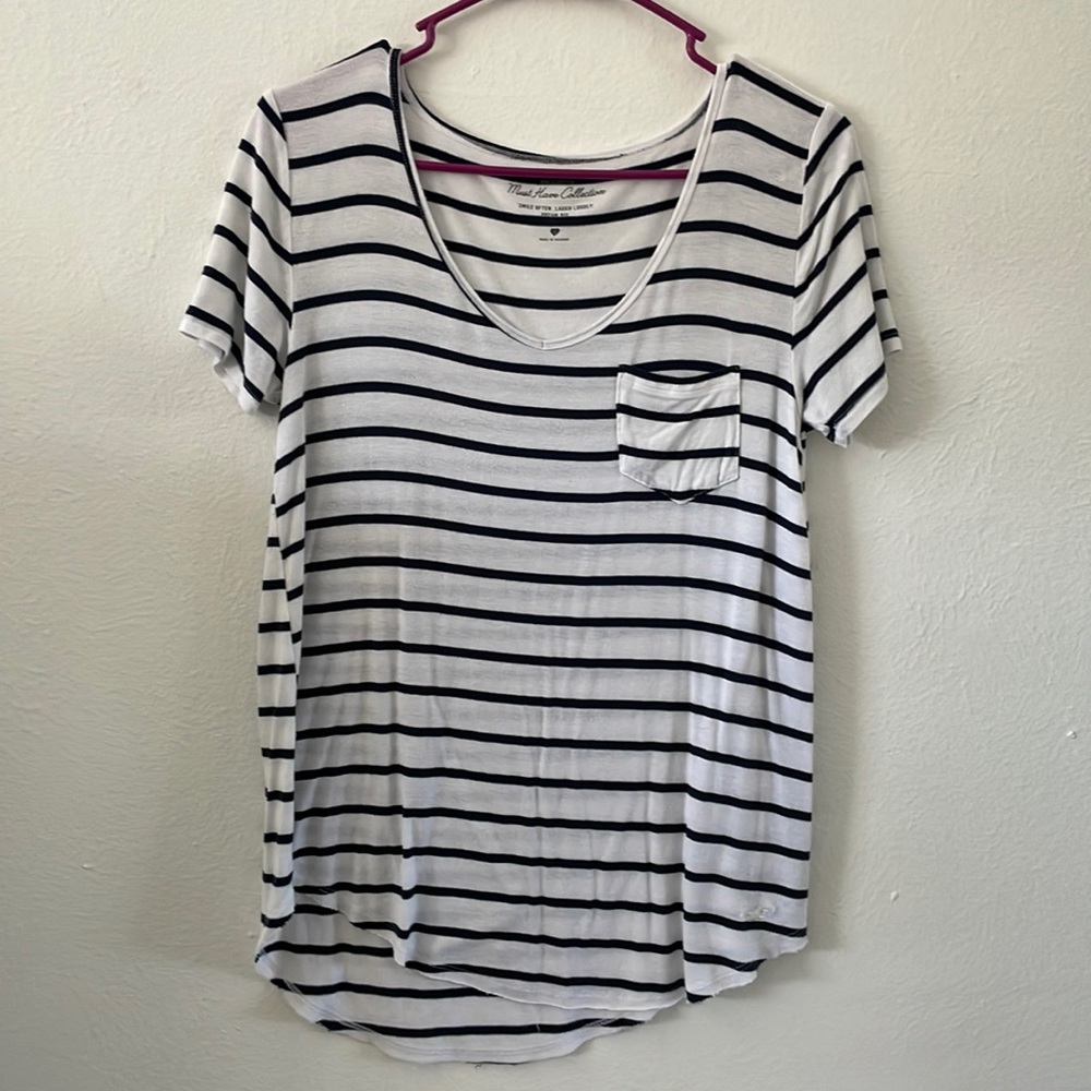 Hollister black and white stripped v neck tee